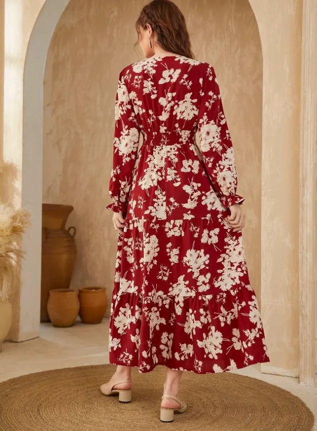 Maxi-jurk met bloemenprint en geplooide manchetten