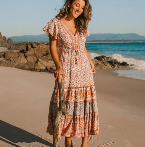 Boho print gelaagde midi-jurk