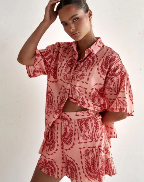 Tropical Print Short Sleeve Button-Up Shirt and High-Waisted Shorts Set