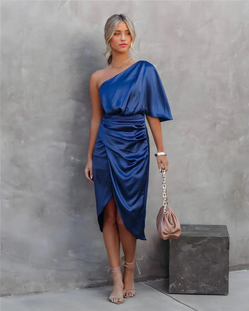 One-Shoulder Draped Satin Midi