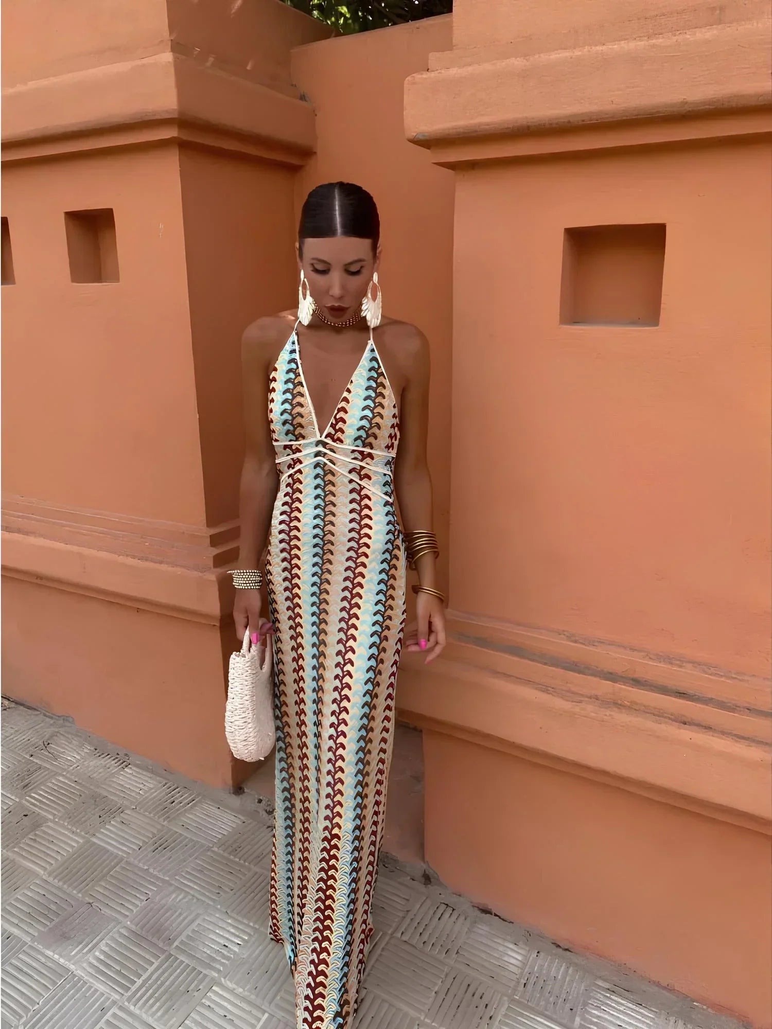 Chevron Print Halter Maxi-jurk