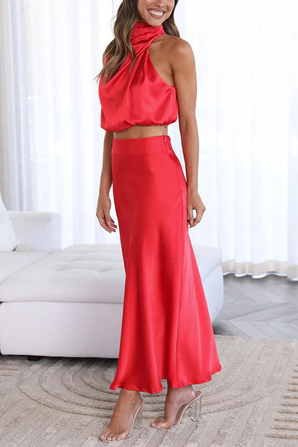 Satin Halter Crop Top and Maxi Skirt Set