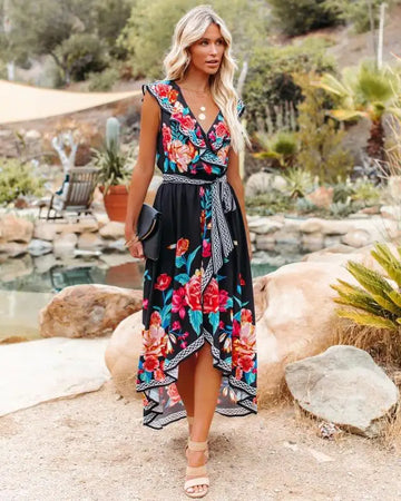Wikkeljurk met bloemenprint en rand