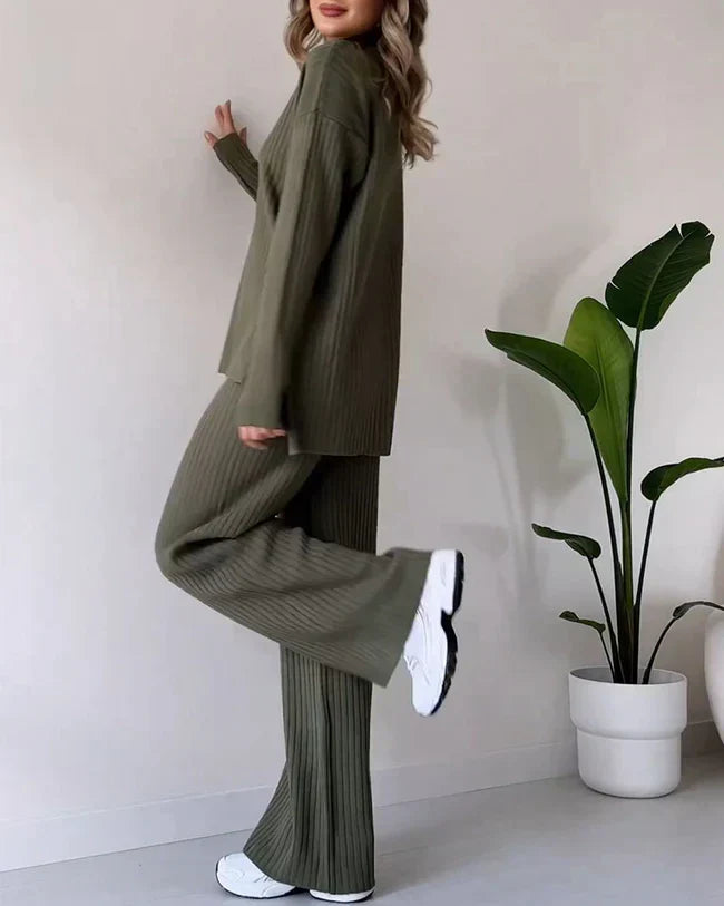 Turtleneck Knit Top and Wide Leg Pants Set