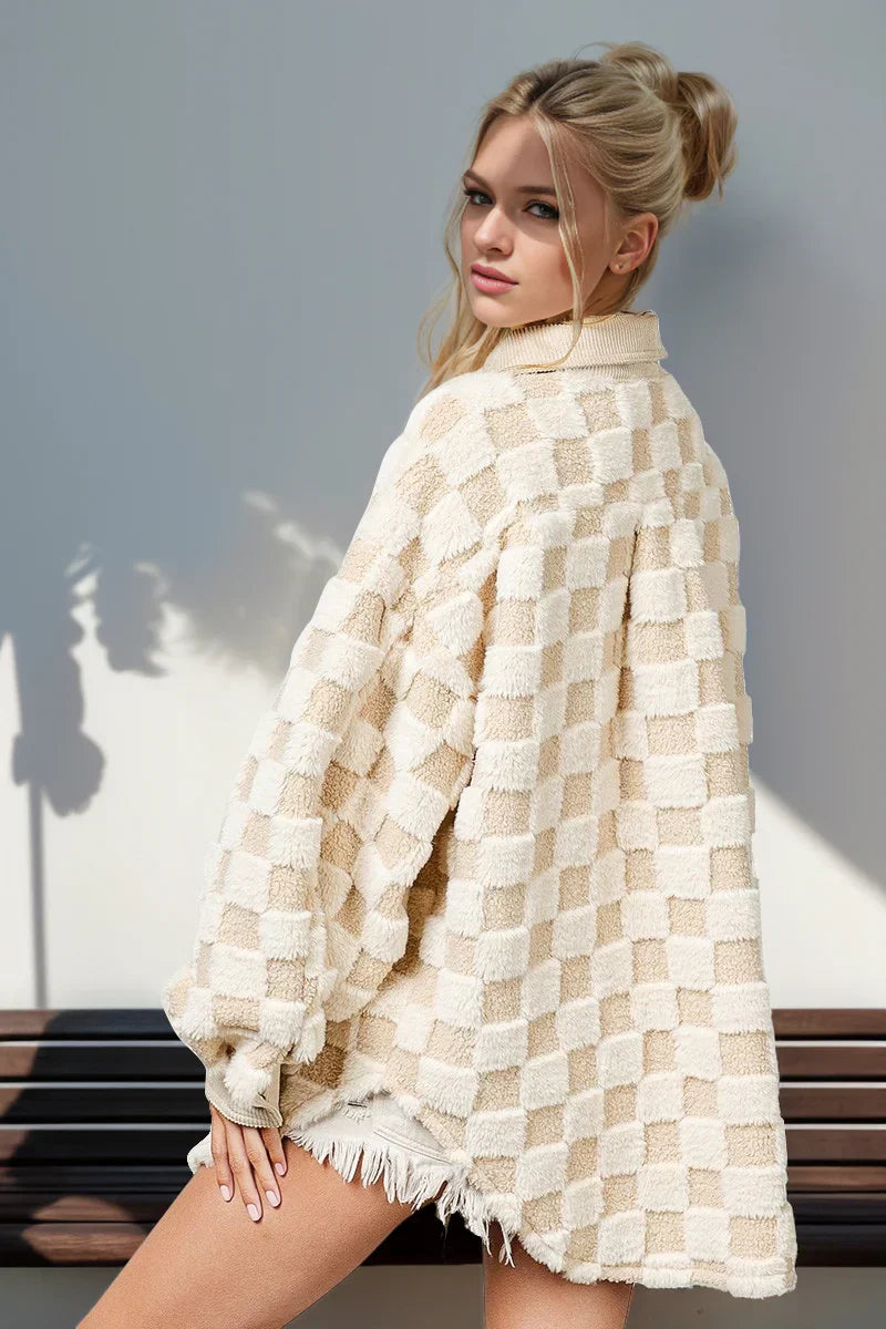 Cream Checkered Fleece Shacket