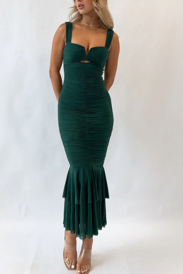 Geplooide zeemeerminjurk met hoge taille