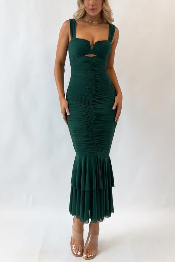 Geplooide zeemeerminjurk met hoge taille