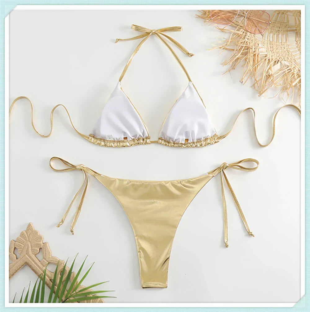 Metallic triangel bikiniset met vetersluiting