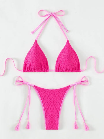 Roze klassieke triangelbikini met vetersluiting