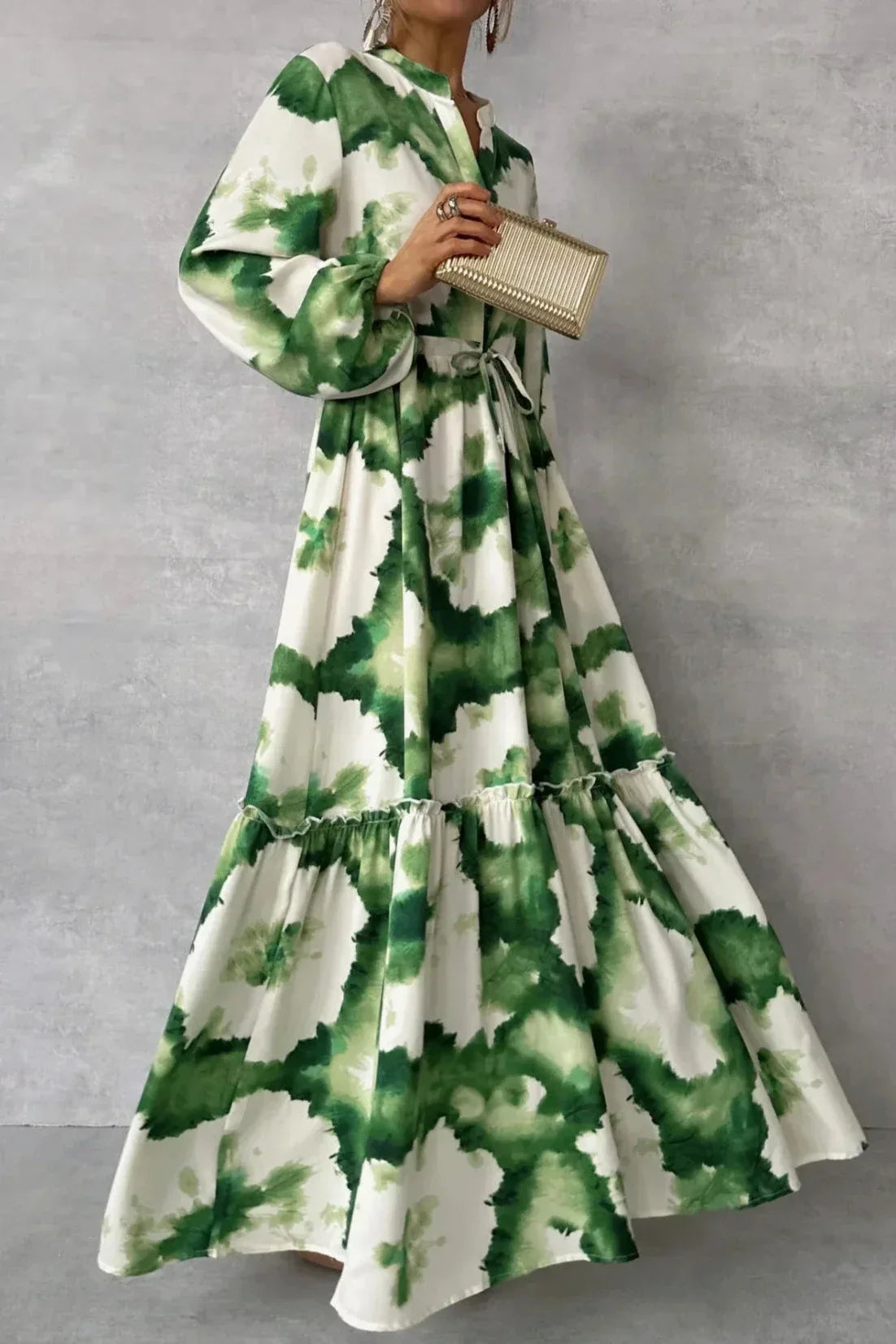 Aquarel maxi-jurk met strikceintuur