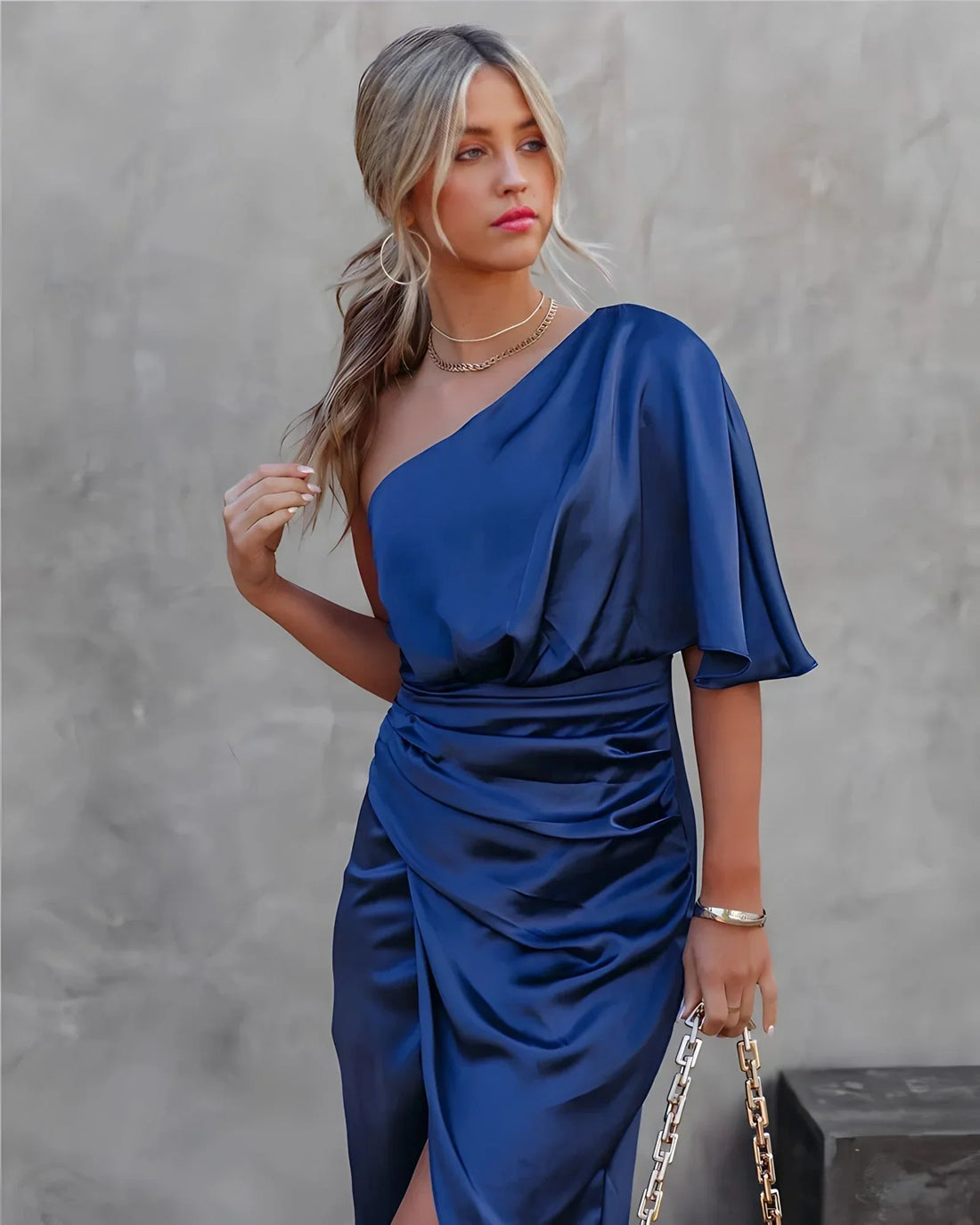 One-Shoulder Draped Satin Midi