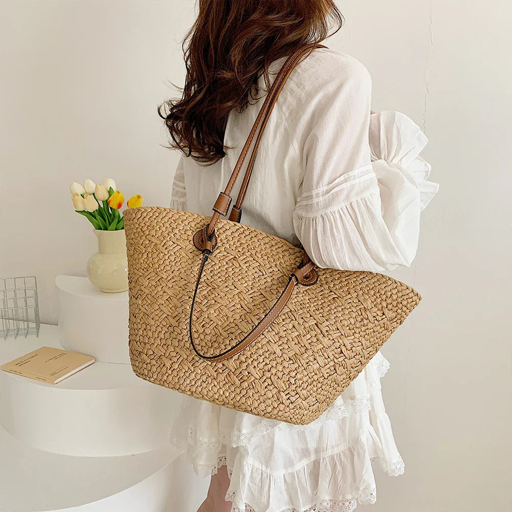 Woven Straw Tote with Contrast Straps