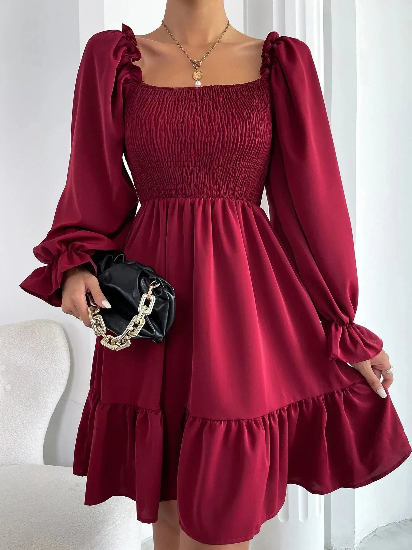 Shirred Long Sleeve Mini Dress