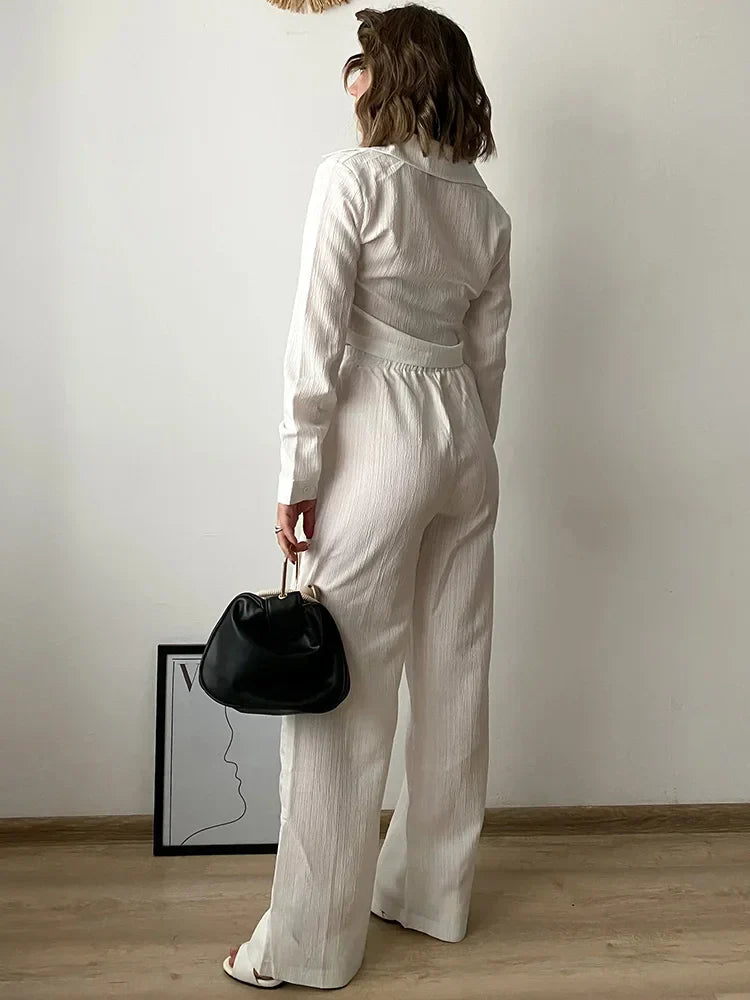 Cropped Long Sleeve Shirt and Relaxed Fit Pants Set