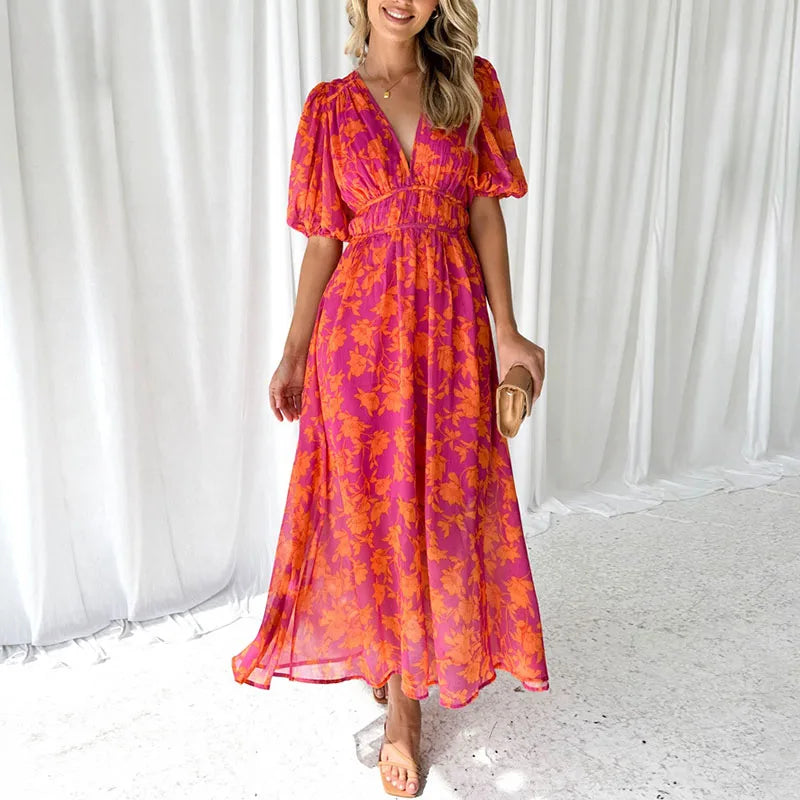 Pink and Orange Puff Sleeve Maxi Dress