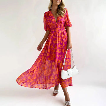 Pink and Orange Puff Sleeve Maxi Dress