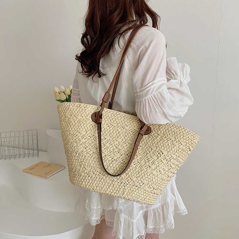 Woven Straw Tote with Contrast Straps