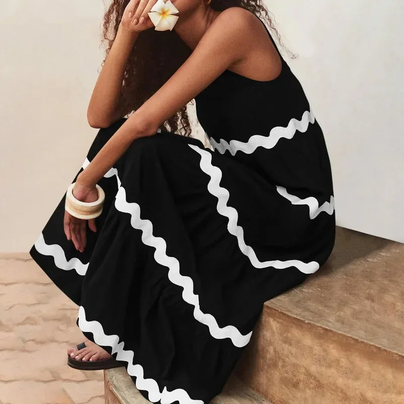 Wave Trim Tiered Maxi Dress