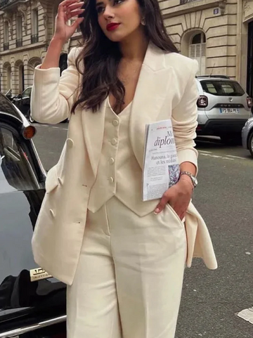 Set van linnen blazer, vest en wijde broek