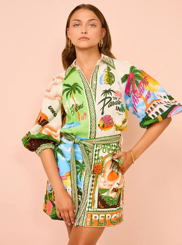Printed Collared Belted Mini Dress