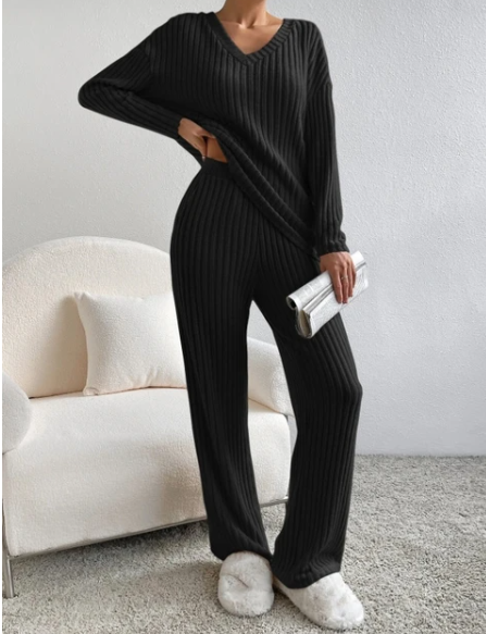 Long Sleeve V-Neck Top and Relaxed Pants Set