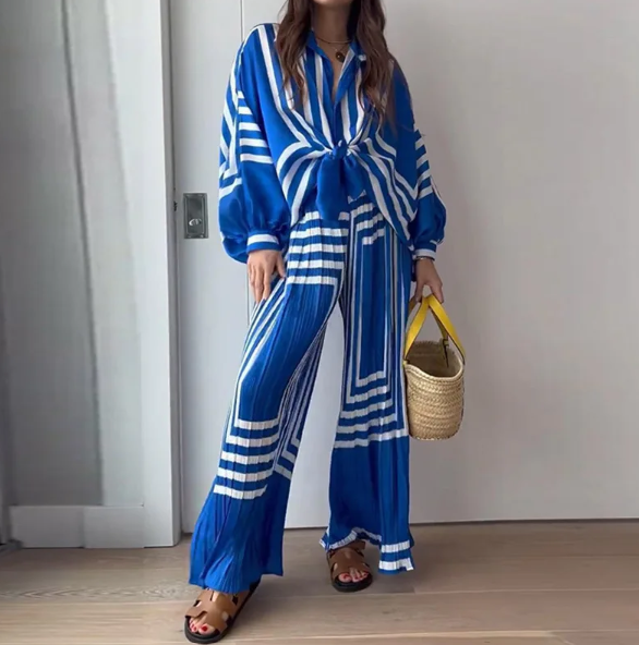 Twist Front Long Sleeve Top and Wide Leg Pants Set