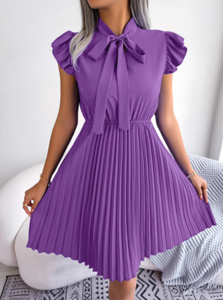Pleated Tie-Neck Mini Dress