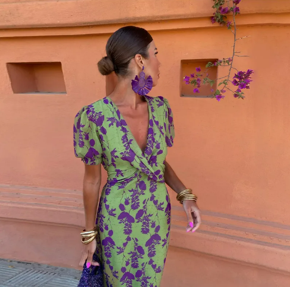 V-Neck Puff Sleeve Midi Dress