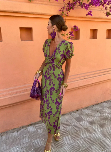 V-Neck Puff Sleeve Midi Dress