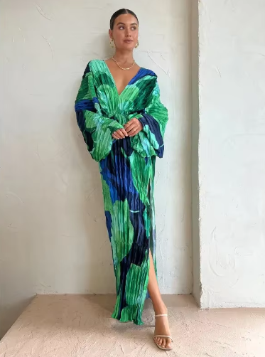 Groen en blauw geplooide kaftanjurk