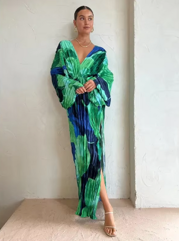 Groen en blauw geplooide kaftanjurk