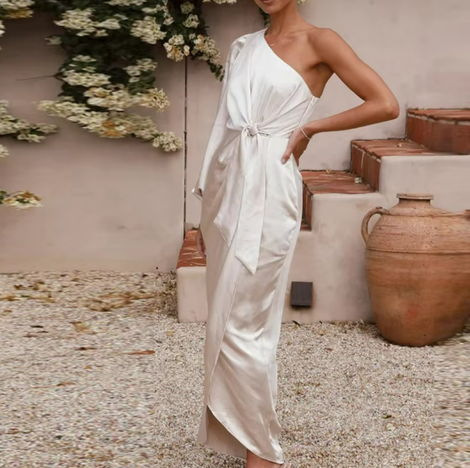 One-Shoulder Satin Tie Dress
