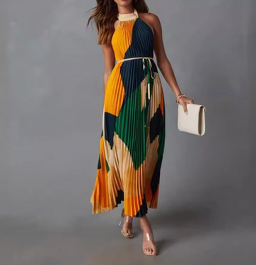 Pleated Halter Tie-Waist Maxi Dress