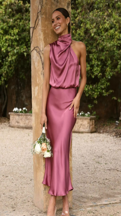 One-Shoulder Drape Midi Slip