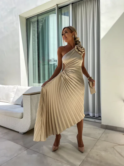 Pleated One-Shoulder Midi Dress with Rosette Detail