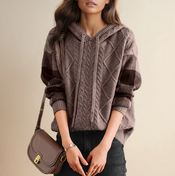 Plaid Sleeve Hooded Knit Sweater