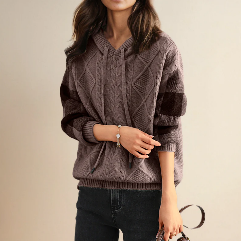 Plaid Sleeve Hooded Knit Sweater
