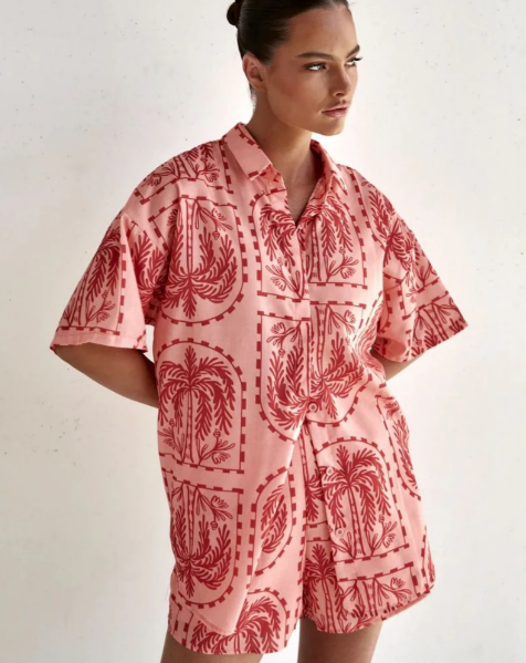 Tropical Print Short Sleeve Button-Up Shirt and High-Waisted Shorts Set