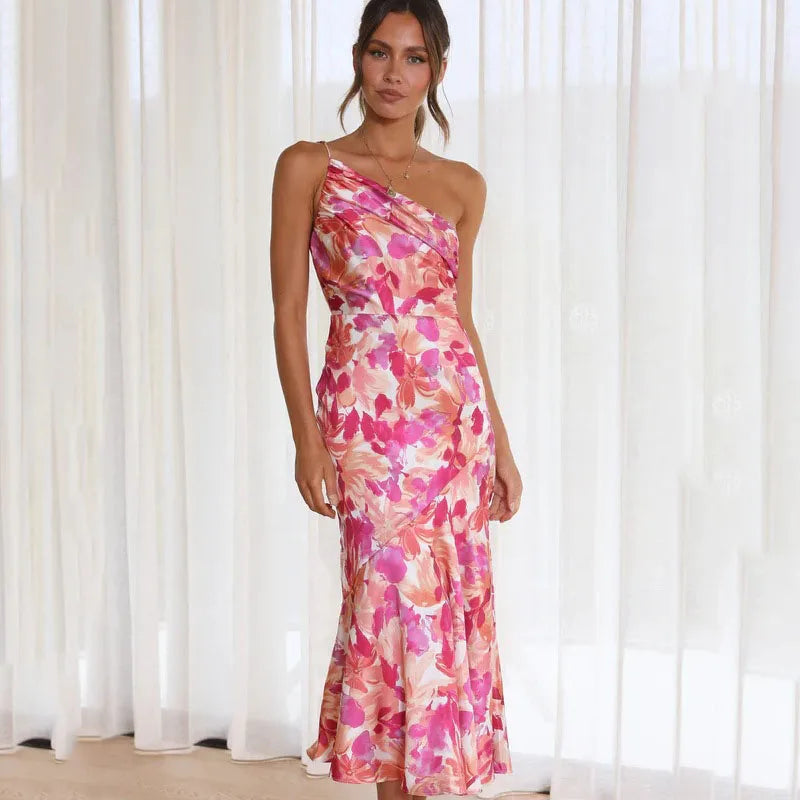 One Shoulder Floral Bias Midi Dress