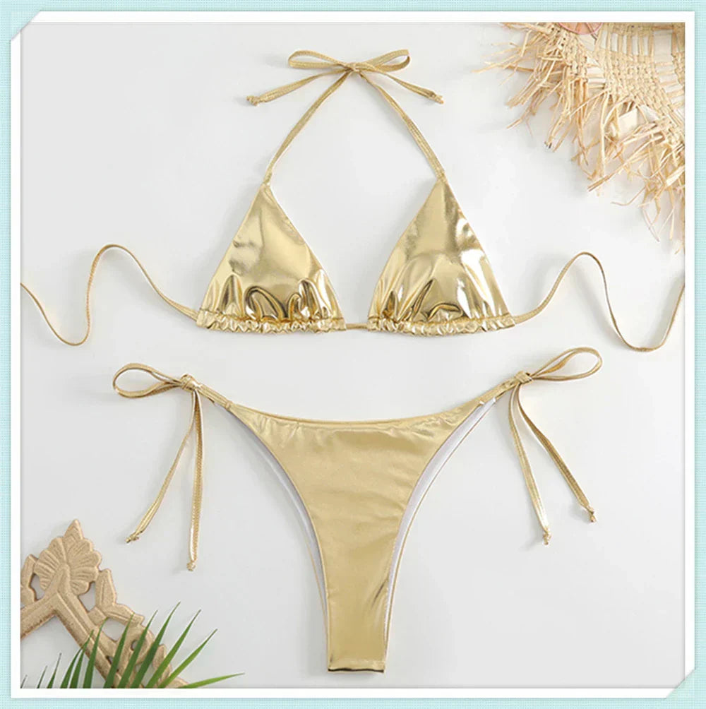 Metallic triangel bikiniset met vetersluiting