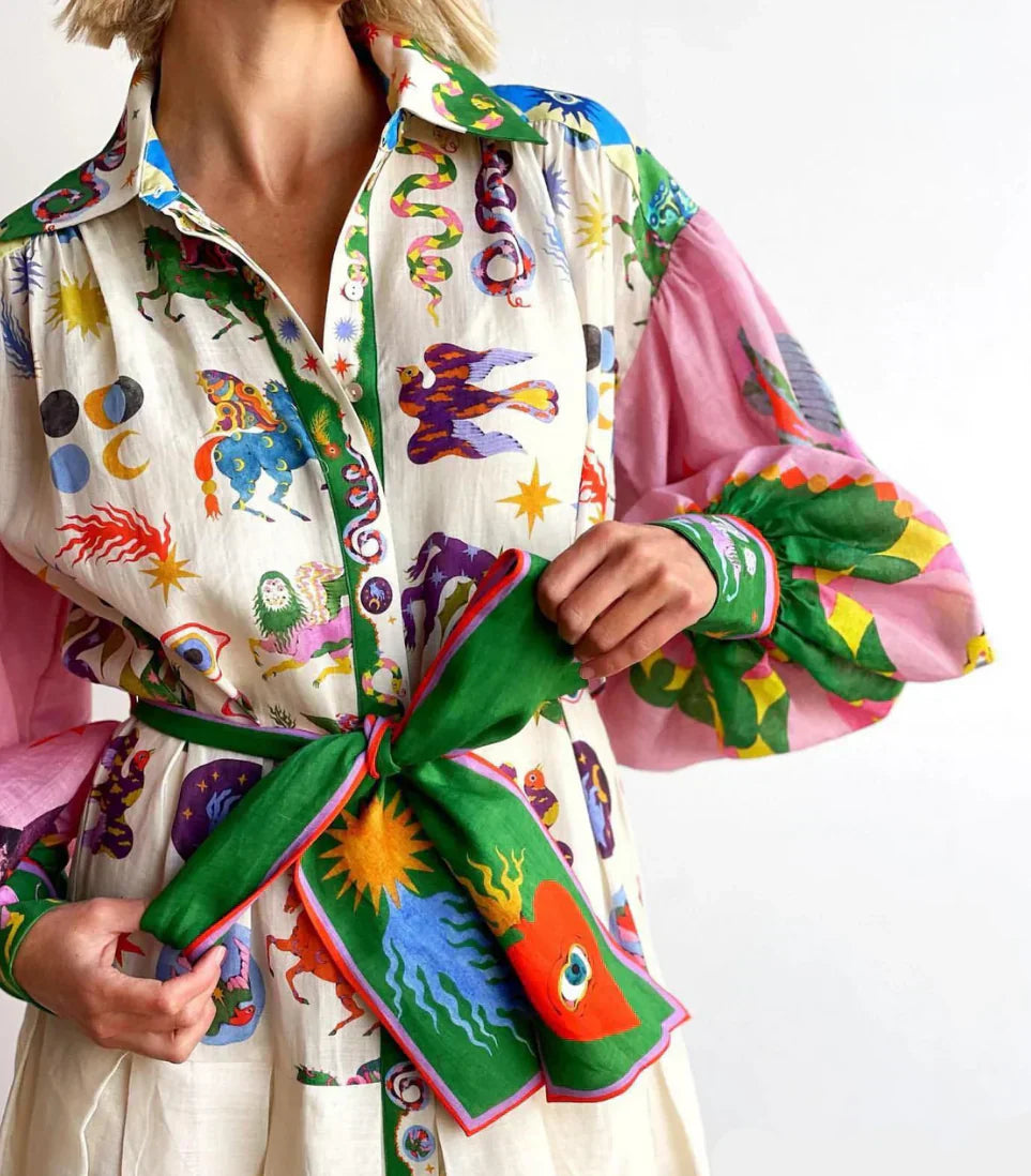 Printed Collar Belted Maxi Dress