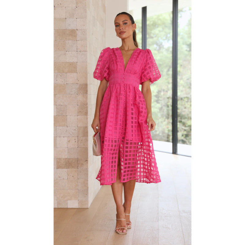Sheer Grid Puff Sleeve Midi Dress